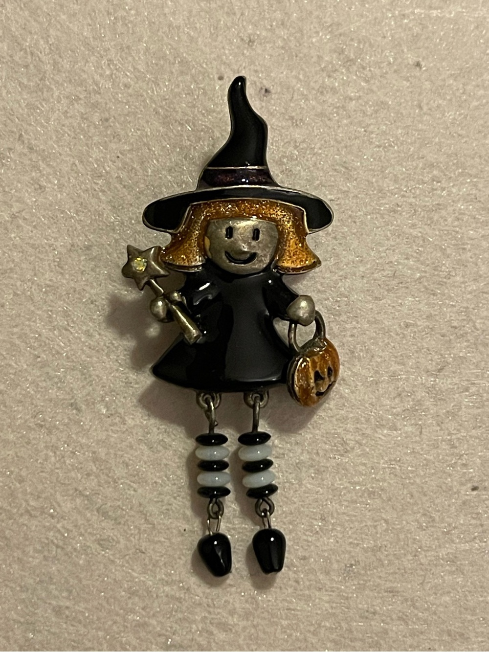 Whimsical Vintage Enamel Halloween Witch Brooch Dangle Bead Legs Novelty